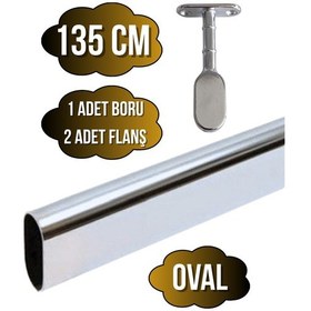Resim Metal Oval Krom Mobilya Dolap Askı Borusu Krom 135cm Oval 2 Adet Ayaklı Kapalı Flanş-1 Adet Boru Gri 