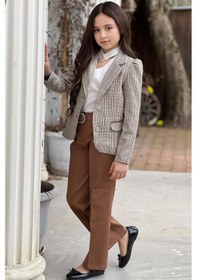 Resim Riccotarz Kız Çocuk Yakası Açık Ve Taş Detaylı Bluz Ekose Çizgi Blazer Ceket Kemerli Taba Alt Üst Takım Taba 