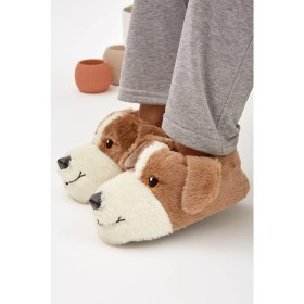 Resim Moda Devrin Mdes Taba Sevimli Köpek Figürlü Peluş Kadın Panduf 38-40 Numaralı Sessiz Taban Ayakkabı 