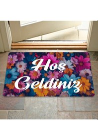 Resim Dijital Baskılı 3d Kapı Önü Paspas Hoşgeldiniz Yazılı Çiçek Desenıç Ve Dış Kapı Paspası Yıkanabilir Mor 