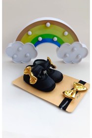 Resim VaVbaby Gold Chic Kız Bebek Bandana Ve Ayakkabı 0-6 Ay Şirin Sevimli Rahat Yumuşak Taban 