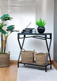Resim DEKORATİF METAL DRESUAR SİYAH AHŞAP RAFLI STAND ÇOK AMAÇLI SALON VE HOL RAFI 