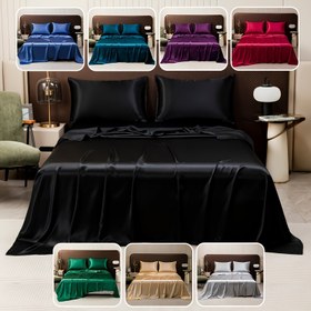 Resim 3 Adet Lüks Saten Çarşaf Seti, Ultra-Yumuşak Solunabilir Katı Renkli Yatak Takımı, Makine Yıkamalı, 1 Düz Çarşaf ve 2 Yastık Kılıfı ile, %100 Polyester, 80-85gsm 