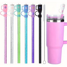 Resim 12 Paket Yeniden Kullanılabilir Plastik Glitter Pipet Kapakları ve Temizleme Fırçası ile Stanley Kavanozlar için - 40Oz, 30Oz, 20Oz, 14Oz Seyahat Su Kavanozları ile Uyumlu 12 İnç 