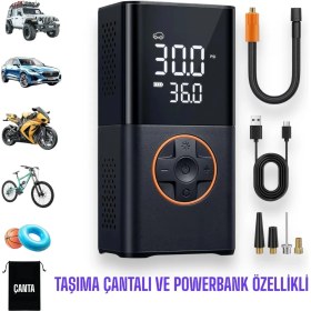 Resim Yeni Model Auhma 3600 Mah Şarjlı Hava Pompası Araç Lastik, Bisiklet, Top Şişirme Oto Hava Kompresörü 