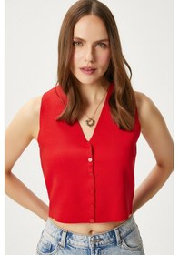 Resim Ritnice Kadın Petite Çıtçıtlı Crop Kırmızı Triko Yelek Kırmızı 