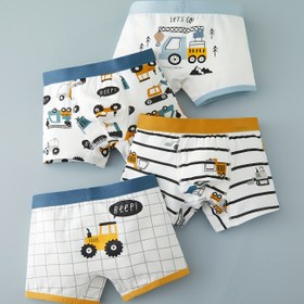Resim 4'lü Erkek Çocuk Pamuklu Boxer Külot - Süper Yumuşak, Nefes Alabilir, Eğlenceli Karikatür Ekskavatör & Araç Desenleri ile Esnek Bel Bandı, Rahatlık & Stil için Mavi & Beyaz Tasarımlar 
