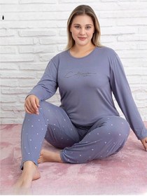 Resim Pijamoni Kadın Milan Büyük Beden Bisiklet Yaka Uzun Kol İnce Pijama Takımı 7666/34 - 1 Adet Lila 