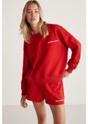 Resim Jennıfer Kadın Organik Pamuklu Nakışlı Yuvarlak Yakalı Oversize Kırmızı Sweatshirt 