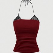 Resim Kadınlar için Y2K Düz Renk Halter Boyun Tank Top - Derin Kırmızı Esnek Kumaş, Makinede Yıkanabilir, Her Mevsim Kullanıma Uygun Günlük ve Resmi Giyimler İçin Şık Yaka Detayı, Zarif Fiyonk Ayrımı, Rahat Kesim 