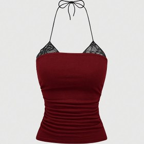 Resim Kadınlar için Y2K Düz Renk Halter Boyun Tank Top - Derin Kırmızı Esnek Kumaş, Makinede Yıkanabilir, Her Mevsim Kullanıma Uygun Günlük ve Resmi Giyimler İçin Şık Yaka Detayı, Zarif Fiyonk Ayrımı, Rahat Kesim 