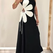 Resim Kadın Modası Tek Omuzlu Kırmızı Elbise Pembe Çiçek Baskılı, Kolsuz A Kesim Maksi Elbise İpli Detaylı - Polyester, Makinede Yıkanabilir 