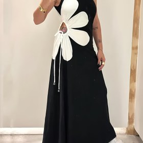 Resim Kadın Modası Tek Omuzlu Kırmızı Elbise Pembe Çiçek Baskılı, Kolsuz A Kesim Maksi Elbise İpli Detaylı - Polyester, Makinede Yıkanabilir 