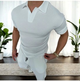Resim Fifty Color Beyaz, Oversize/geniş Kesim, Dokulu Kırışmaz, Ottoman Polo Yaka T-shirt Ve Eşofman Takım Beyaz 