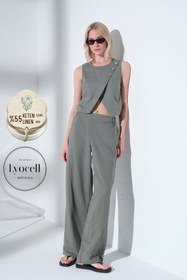 Resim Arkası Lastikli Önü Düz Geniş Paça Keten Lyocell Karışımlı Kadın Pantolon @Lemon - Koyu Haki / L 
