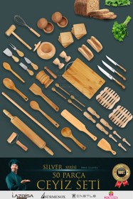 Resim MONTESEV Zambak 50 Li Ahşap Ağaç Tahta Kaşık Oklava Merdane Mutfak Bıçak Silver Serisi Çeyiz Seti 
