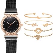 Resim Hanyang 5 Adet Set Siyah Lüks 5 Adet Set Bilezik Izle Kadın Zarif Mıknatıs Elmas Bayanlar Kuvars Kol Saati Elbise Pembe Saat Reloj Mujer Dropshipping (Yurt Dışından) 