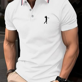 Resim Erkekler için Hafif Nefes Alabilir Golf Gömleği - Yazlık Kısa Kollu Yaka, Turuncu Geometrik Baskı, Makinede Yıkanabilir, Golf ve İş Günlük Giyim İçin Mükemmel, Kontrast Çizgi Detaylı 