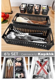 Resim 6 Parça Modüler Kaşıklık Seti - Çok Amaçlı Çekmece İçi Düzenleyici Mutfak Organizer Kepçelik Siyah 