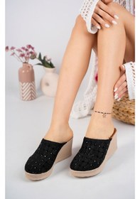 Resim EPAAVM - Dolgu Taban Ekose Örgü Önü Kapalı Taşlı Siyah Terlik... Siyah 