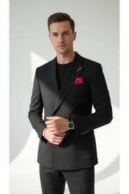 Resim Plus Scorpion Erkek Penye Kumaş Kruvaze Blazer Ceket - 4 Düğmeli Mono Yaka, Torba Cepli, Çift Yırtmaçlı Şık Tasarı 