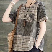 Resim Kadın Yaz Geometrik Baskılı Bol Kesim T-Shirt - Nefes Alabilir Kısa Kollu Yuvarlak Yaka Üstü Ön Cebi ve Yan Yırtma ile, A-Line Rahat Gömlek, Kadın T-Shirt'leri, Günlük Moda, Vintage Tarzı, Dayanıklı Yapı, Şık Bluz, Moda Severler, Sıcak Hava Kıyafeti, Hafif Malzeme, Bol Tee, Trend Kadınlar 