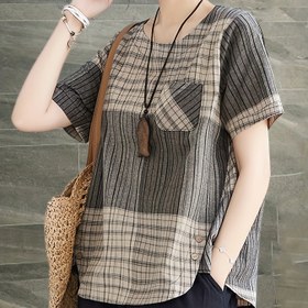 Resim Kadın Yaz Geometrik Baskılı Bol Kesim T-Shirt - Nefes Alabilir Kısa Kollu Yuvarlak Yaka Üstü Ön Cebi ve Yan Yırtma ile, A-Line Rahat Gömlek, Kadın T-Shirt'leri, Günlük Moda, Vintage Tarzı, Dayanıklı Yapı, Şık Bluz, Moda Severler, Sıcak Hava Kıyafeti, Hafif Malzeme, Bol Tee, Trend Kadınlar 