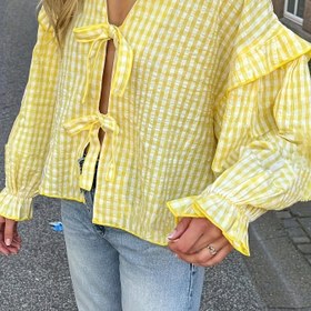 Resim Kadınlar İçin Parlak Sarı Ekose Desenli Şık Bol Kesim Uzun Kollu Mantar Dantel Gömlek 