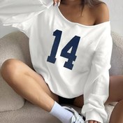 Resim Kadınlar İçin Omuz Açık Geometrik Desenli Sweatshirt - Yumuşak Gri & Lacivert, Rahat Kesim Yuvarlak Yaka, Makinede Yıkanabilir Her Mevsim Günlük Üst, Çok Amaçlı Moda, Dayanıklı 