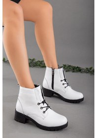 Resim Dilimler Ayakkabı Hakiki Deri Lastik Bağcıklı Beyaz Kadın Bot-2154-BEYAZ 