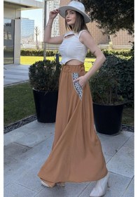 Resim WeShaya Kadın Taba Beli Lastikli, Cepleri Hasır İşlemeli, Rahat Kesim, Uzun Kiloş Etek Taba 