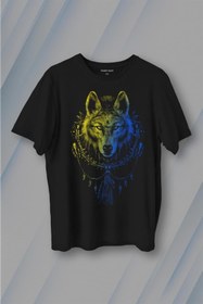 Resim Bozkurt Kurt Kafası Wolf Sarı Lacivert Baskılı Tişört Unisex T-shirt 