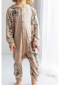 Resim Oliventhekid Bej Ince Triko Geometrik Desenli Kapişonlu Önden Düğmeli Kışlık Unisex Çocuk Tulum Bej Bej 