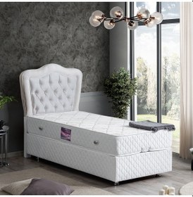 Resim Setaymobilya Baza, Camelli Beyaz Tek Kişilik Baza + Başlık + Ortopedik Yatak 