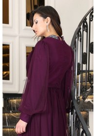 Resim Raika Moda Senna Taş Detaylı Büyük Beden Şık Tesettür Abiye Mürdüm 