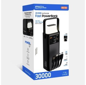 Resim Azurtech Acl PW-112 22.5W Outdoor Hızlı Şarj Powerbank Siyah - 30.000MAH Kapasite, Çoklu USB Çıkış, Dahili Kablolar, LED Ekran & Kamp Lambası 