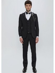 Resim İmza Siyah Armürlü Kırlangıç Yaka Tam Astar Yelekli 6 Drop Slim Fit Dar Kesim Smokin Damatlık 1001225178-Siyah 