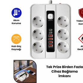 Resim Pro P11 6x Priz 3000W Termal Akım Korumalı 4x USB 2x Type-C Girişli Çoklu Priz 