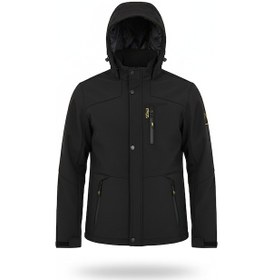 Resim Mero Life İçi Kürklü Kapüşonlu Su ve Rüzgar Geçirmez Softshell Erkek Mont - Siyah 
