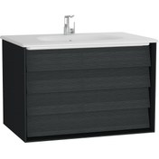 Resim Frame 61229 Lavabo Dolabı, Çift Çekmeceli, Etajerli Lavabolu, 80 cm, Mat Soft Siyah - Hareli Siyah Meşe 