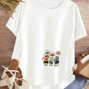 Resim Üç Karikatür Sevimli Küçük Karakter Baskılı T-shirt Yaz Desen Baskılı Yuvarlak Yaka Ekleme T-shirt - Yumuşak ve Nefes Alabilen Polyester, Kısa Kollu, Makine Yıkanabilir, Bakımı Kolay, Bol Kesim, Rahat ve Şık Stil, Kadınlar İçin 