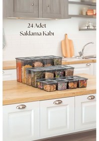 Resim 24'lü 3 Boy Kavanoz Seti & Saklama Kabı & Erzak Kabı 8x650/1300/1900 Ml 40 Lı Etiket Hediyeli Antrasit 