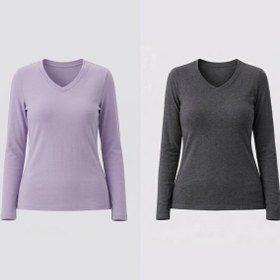 Resim %100 Organik Pamuk Kadın V Yaka 2’li Set - Lila & Antrasit - XL 