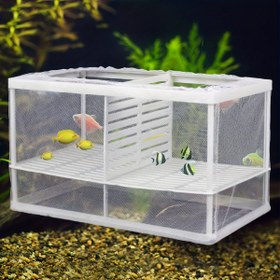 Resim 1 adet Tropikal Balık için Sallanan Yaralı Balık Koruma Ağı, Guppy Üretimi için Fry Yetiştirme Kutusu, Ventilasyon Grili ile Yetiştirme Tankı Ayrma Ağı, Akvaryum Ayırıcı, Kolay Erişim Tasarımı, Pilsiz 