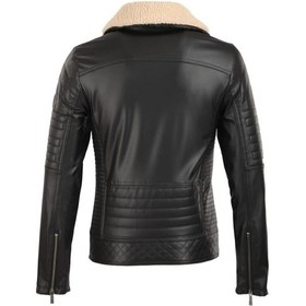Resim Oliggopol Erkek Siyah Kuzey Yaka Kürklü Slim Fit Deri Ceket Mont Siyah 