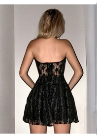 Resim Fashion Cocktail Kabartma Kumaş Kabarık Etek Transparan Tül Straples Tütü Gece Party Prenses Elbise Siyah 