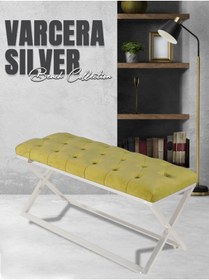 Resim Gazzini furniture Varcera Silver Bench Çapraz Metal Ayaklı Kapitoneli Model Hardal Puf 