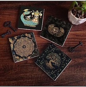 Resim Horus'un Gözü, Sri Yantra, Hayat Ağacı, Şahmeran Taş Bardak Altlığı Seti - 4 Parça - Dekoratif, Rustik Mutfak Aksesuarı, 10x10 cm, Kaydırmaz Tabanlı, Şık ve Dayanıklı SC197 