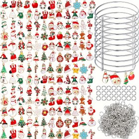 Resim 100 Parçalı Noel Takı Yapım Seti - 10 Ayarlanabilir Bileklik, 30 Tatil Temalı Charm, 60 Bağlantı Halkası - Kolye, Küpe ve El İşi Projeleri İçin Kendin Yap Çinko Alaşımlı Takı Yapım Seti, İdeal Noel Hediyesi 