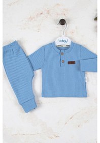 Resim Çizgili Kumaş Pamuk 2'li Unisex Takım Mavi 